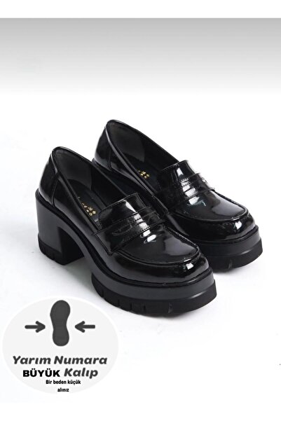 dabab shoes Loftia Women's Black Patent Leather Chunky Heeled Loafer