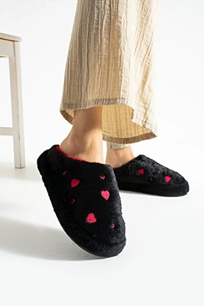 Ayra Moda Kalp Desenli Peluş İçi Tüylü Kaydırmaz Taban Rahat Pofuduk Çeyiz Bo...