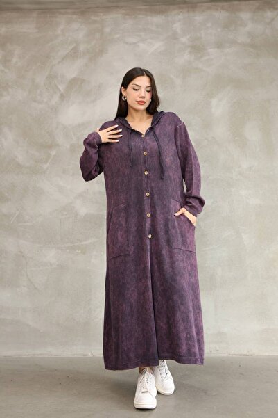 AYASOFYA OTANTIK Women's Purple Hooded Back Embroidery Detailed Buttoned Vintage Loose Cotton Knitwear Long Cardigan Cap