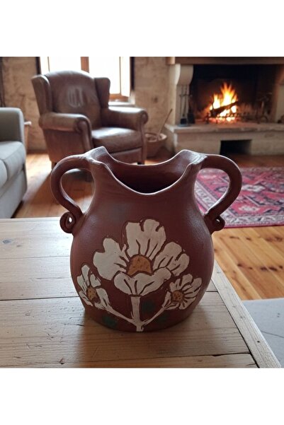 Atiz Çömlek evi مزهرية فخارية مزخرفة يدوية الصنع بتصميم زهور مع مقبض