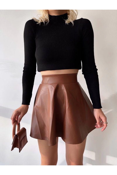 ZENGEZUR MALL Drnds Buy Elasticated Leather Skirt Brown S24599 (212245) (Size: S)