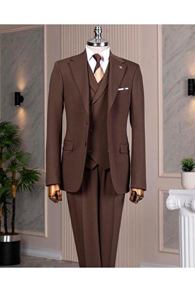 TerziAdemAltun Italian Style 8 Drop Jacket Vest Pants Suit Brown T14593