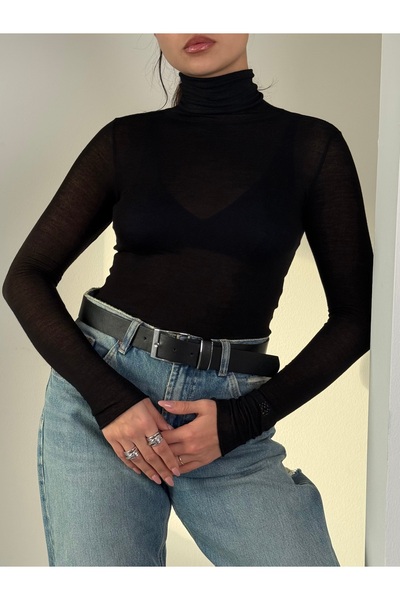 coaksco Women's Turtleneck Modal Cashmere Ultra Light Blouse - Black