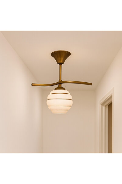 KUZENLER Eskitme Tekli Metal – Beyaz & Sarı Yaldızlı Cam Avize