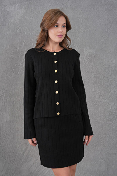 Park Karon Women's Crew Neck Button Closure Jacket Skirt Two-Piece Knitwear Set