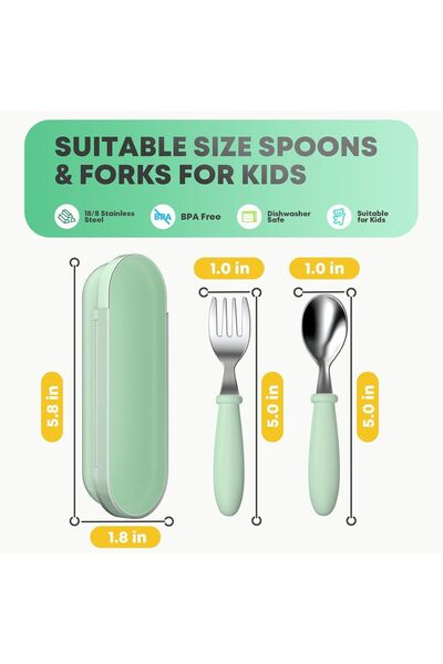 Yelajoy Toddler Flatware Set – 2-Piece Fork & Spoon Set with Storage Case (Green+Blue)