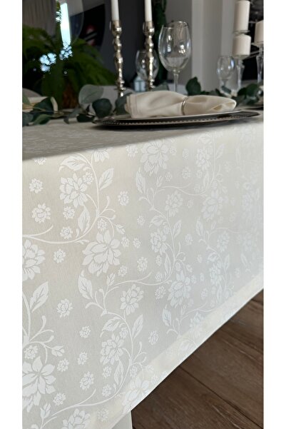 Decamor home Floral Patterned Ecru Tablecloth Liquid Resistant (Napkin Not Included)