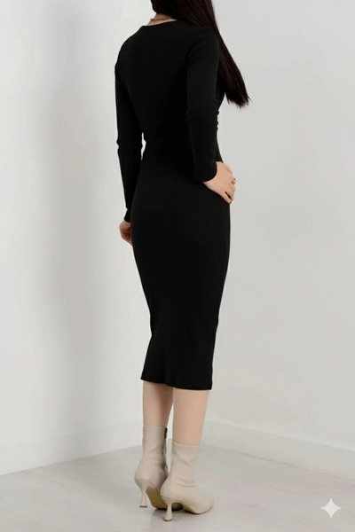 ZENGEZUR MALL Drnds Zipper Detail Corded Fabric Fleece-Lined Dress Black A3178 (213637) (Size: Standard)