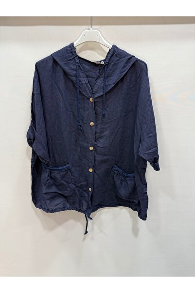 della moor Navy Blue Italian K Hooded Buttoned Half Sleeve Casual Linen Blouse