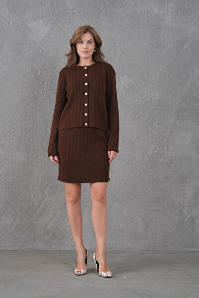 Park Karon Women's Crew Neck Button Closure Jacket Skirt Two-Piece Knitwear Set