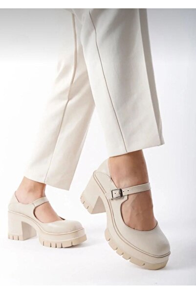 dabab shoes Aury Women's Beige Mary Jane Thick Sole Heeled Loafer Shoes