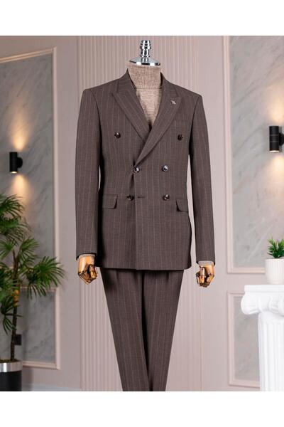 TerziAdemAltun Italian Style S Slim Fit K Double-Breasted Jacket Pants Suit Brown T14622