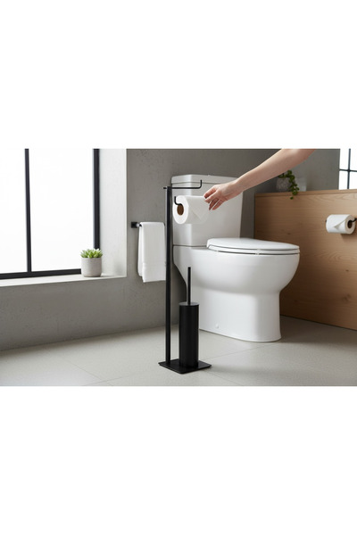 İSAOĞLU YAPI Black Pedestal Bathroom Set Toilet Brush Holder Toilet Paper Holder Modern Set Brass Material