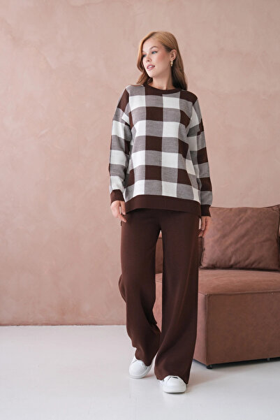 Park Karon Women's Crew Neck Patterned Slit Casual Sweater Pants Two-Piece Knitwear Set