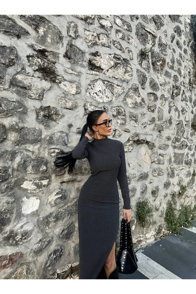 ZENGEZUR MALL Drnds Slit Thick Wrinkle Long Dress Black (212308) (Size: L)