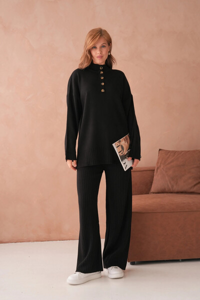 Park Karon Women's Mock Neck Button Detail Slit Casual Sweater Pants Two-Piece Knitwear Set