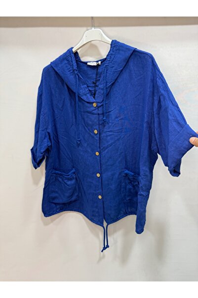 della moor albastru cobalt Bluză casual din in, cu jumătate de mânecă, cu cu glugă nasturi, albastru italian