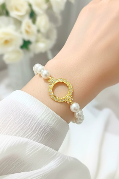 TwinsCollection Çeyrekli Altın Uyumlu 10mm İnci Bileklik - 22 Ayar Gram Altın Takılan Bileklik