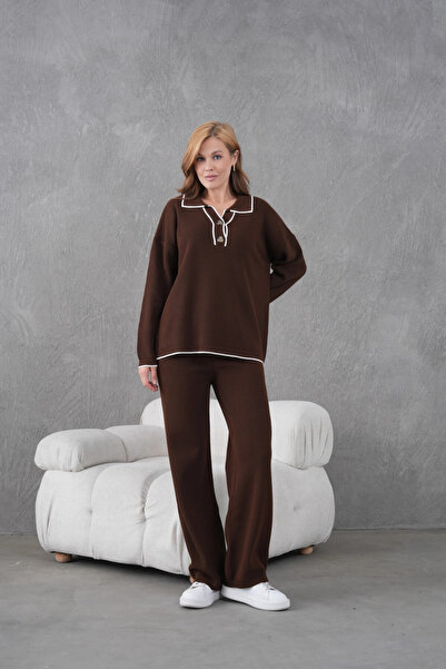 Park Karon Women's Polo Neck Button Detail Oversized Ribbed Knit Sweater Pants Two-Piece Knitwear Set