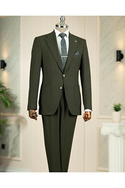 TerziAdemAltun Italian Style S Slim Fit Peaked Lapel Jacket Pants Suit Green T14744