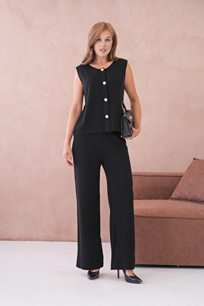 Park Karon Women's Wide Collar Button Detail Ribbed Knit Long Vest Pants Two-Piece Knitwear Set