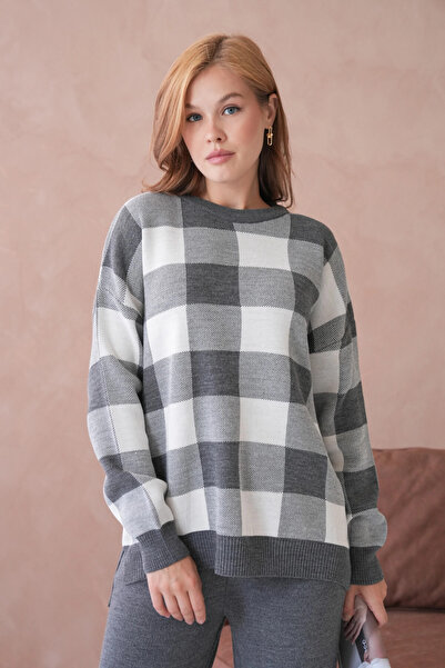 Park Karon Women's Crew Neck Patterned Slit Casual Sweater Pants Two-Piece Knitwear Set