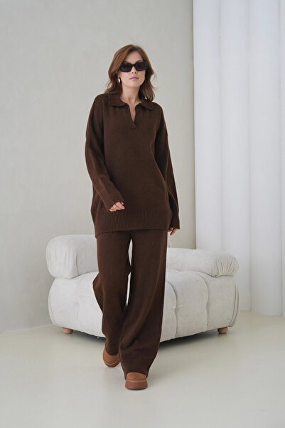 Park Karon Жіночий светр з поло-комірцем, оверсайз, брюки, двокомпонентний трикотажний комплект