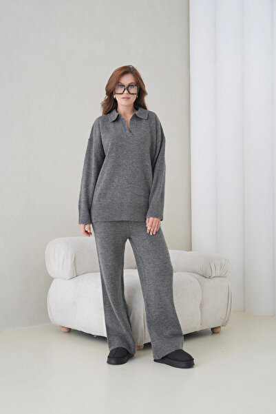 Park Karon Women's Polo Neck Half Placket Oversized Sweater Pants Two-Piece Knitwear Set