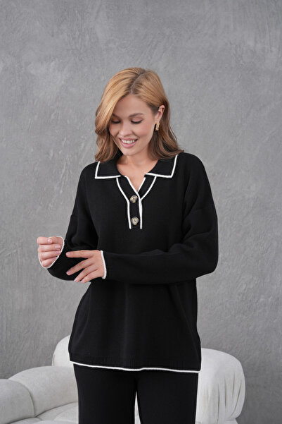 Park Karon Жіночий поло з коміром-стійкою, ґудзиками, оверсайз, кашкорсе, светр, штани, двокомпонентний трикотажний комплект