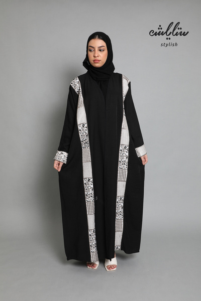 Stylish Linen abaya in black with Arabic letter embroidery
