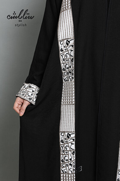 Stylish Linen abaya in black with Arabic letter embroidery