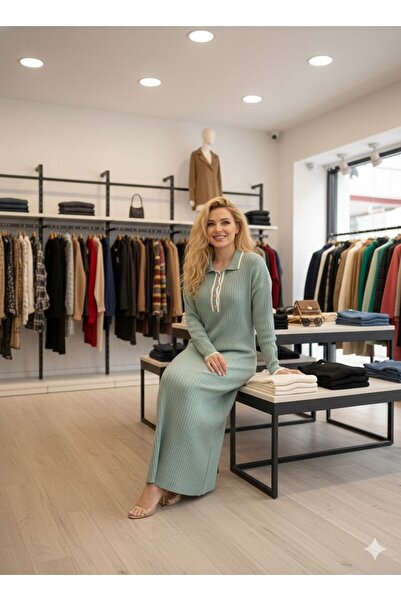 GİYSİ DÜNYASI 57 Triko Fabric Pola Necklace Pat Detail Full-Length Dress