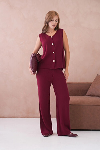 Park Karon Women's Wide Collar Button Detail Ribbed Knit Long Vest Pants Two-Piece Knitwear Set