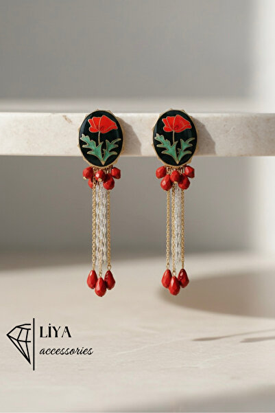 Liya Aksesuar vip أقراط حمراء متدلية من طراز Zr Model Gelincik Rüya