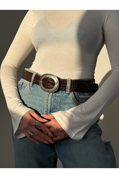 coaksco Women's Large Oval Buckle Kroko Bitter Brown Belt
