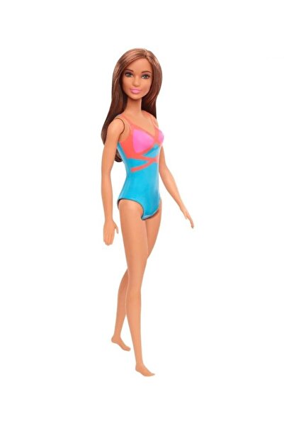 Barbie Papusa satena, la plaja, in costum de baie albastru cu portocaliu, 3 ani+