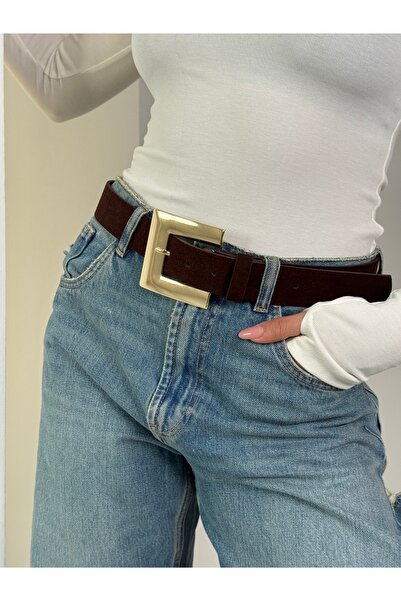 coaksco Women's Large Gold Buckle Suede Bitter Brown Belt