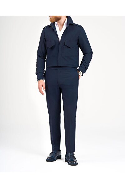 TerziAdemAltun Italian Style Slim Fit Pocket Detailed Shirt Pant Suit Navy Blue T11967