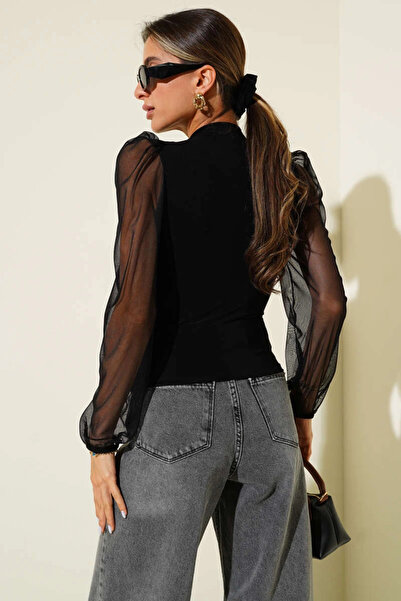 ZENGEZUR MALL Sptrns Mock Neck Tulle Sleeve Blouse Black T3066 (204957) (Size: S)