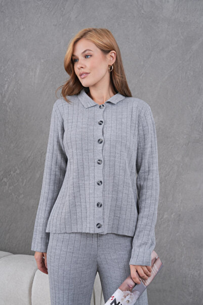 Park Karon Women's Shirt Collar Button Closure Patterned Jacket Pants Two-Piece Knitwear Set