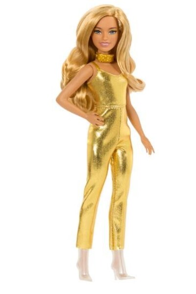 Barbie Păpușa Fashionistas 222, cu păr blond ondulat, salopetă aurie, anivers...