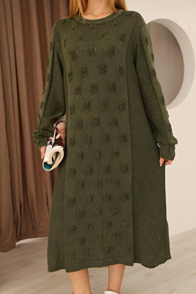 AYASOFYA OTANTIK Women's Khaki Round Neck Patterned Pocketed Vintage Loose Cotton Knit Midi Dress