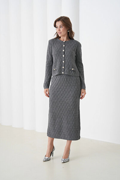 Park Karon Women's Crew Neck Button Detail Patterned Jacket Skirt Two-Piece Knitwear Set