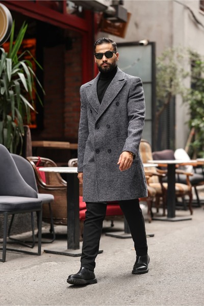 Endap Men's Gray Patterned Cashmere Coat with Pocket Detail