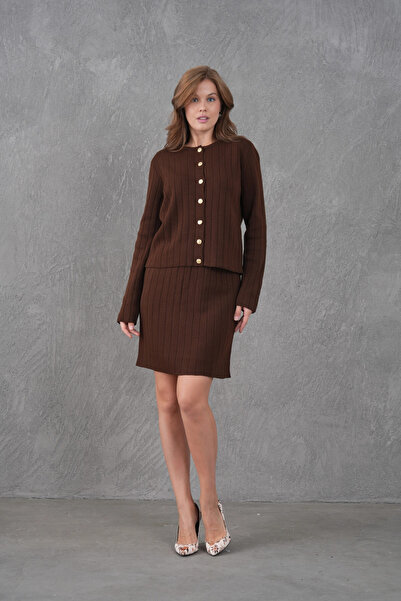 Park Karon Women's Crew Neck Button Closure Jacket Skirt Two-Piece Knitwear Set