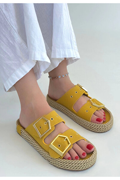 ZENGEZUR MALL Drnds Loera Yellow Nubuck Double Buckle Slippers (213806) (Size: 37)