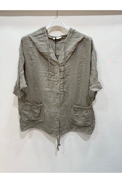 della moor Μπλούζα από λινό με μισό μανίκι με με κουκούλα κουμπιά, βιζόν, ιτα...