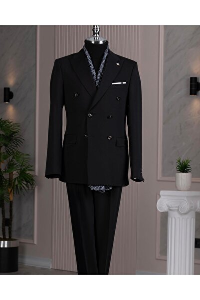 TerziAdemAltun Italian Style S Slim Fit 8 Drop K Double-Breasted Jacket Pants Suit Black T14587