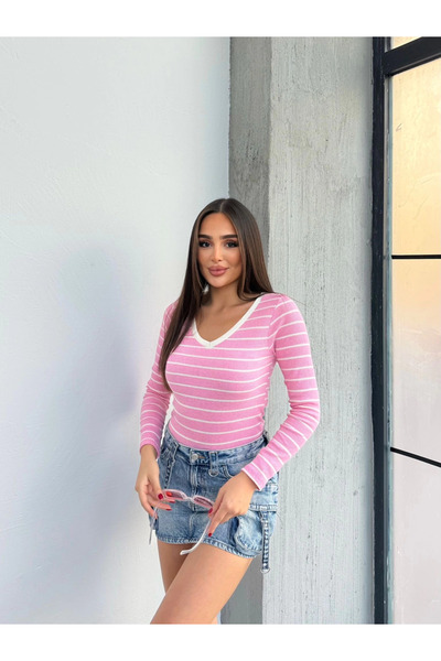 ZENGEZUR MALL Sptrns V-Neck Striped Blouse Pink A3699 (205007) (Size: S)
