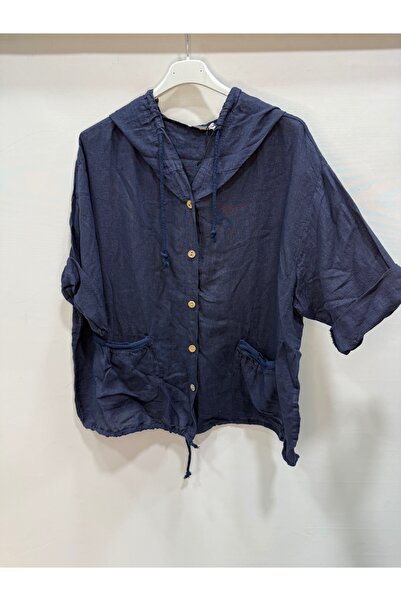 della moor Navy Blue Italian K Hooded Buttoned Half Sleeve Casual Linen Blouse